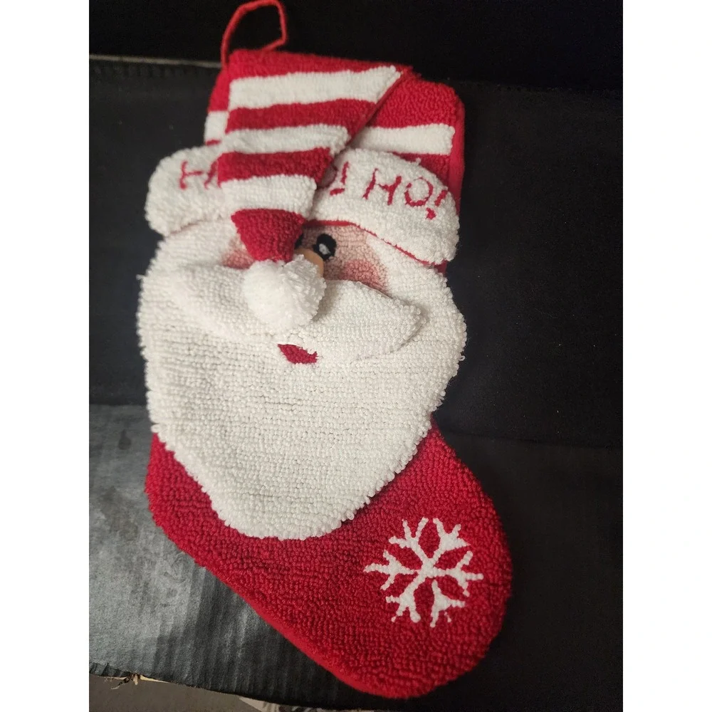 Santa Claus Christmas Stocking Red White Ho Ho Ho Hooked Texture Snowflake 19in